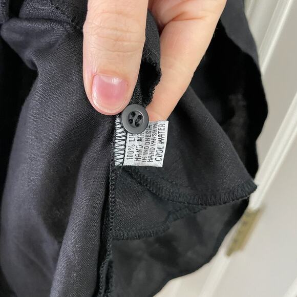 LJC 100% Linen‎ Lagenlook Resortwear Minimalist Pleat Ruffle Black Shirt Dress M - Picture 11 of 11